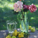 Benjamin Wu, Flowers in Glass Vase and Fruit, Oil on canvas, 14"x18"