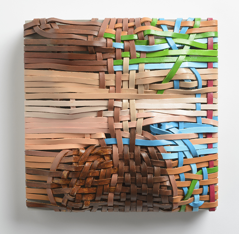 Pilar Agüero-Esparza, Lace 4, 2021 Acrylic, stretched leather, nails, on wood panel 10" x 10" x 3.5" NFS